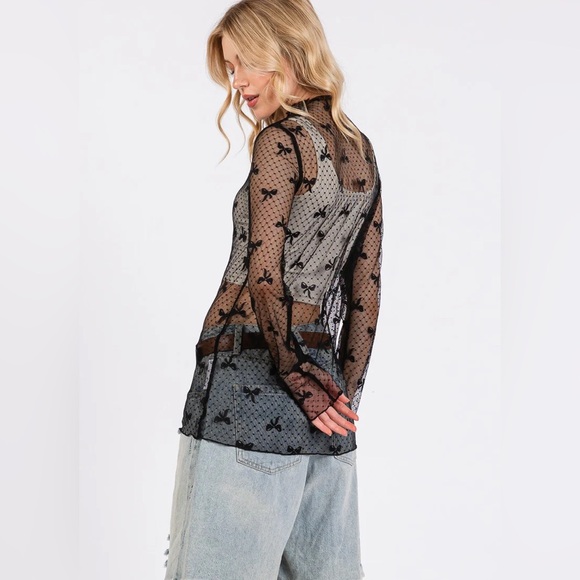 NWOT Black Lace Bow Shirt - Picture 1 of 4
